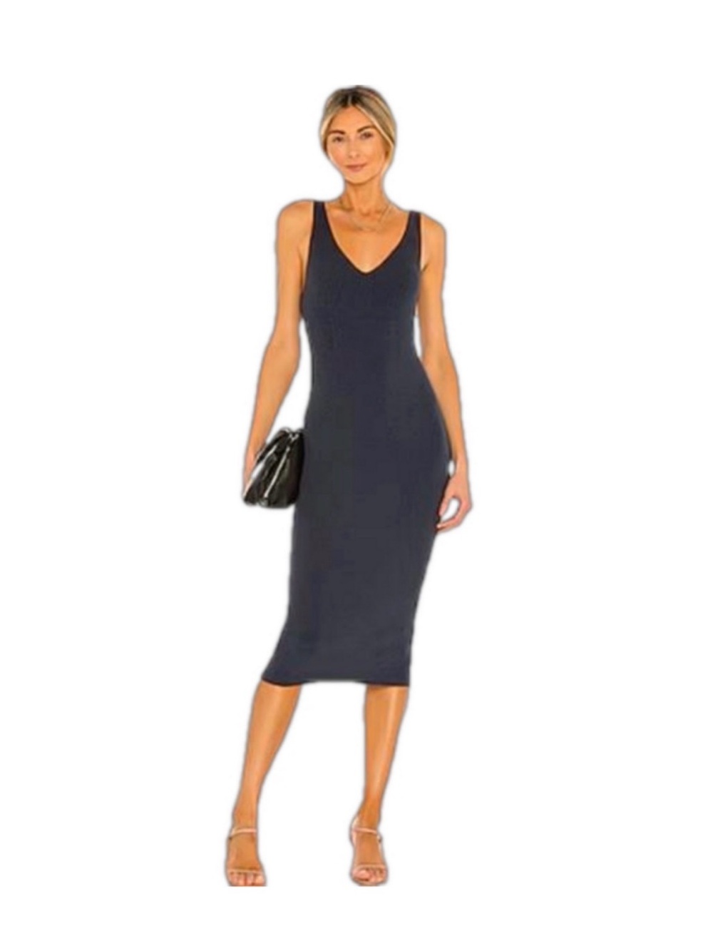 Classic Sleeveless Black Midi Dress with V-Neck
